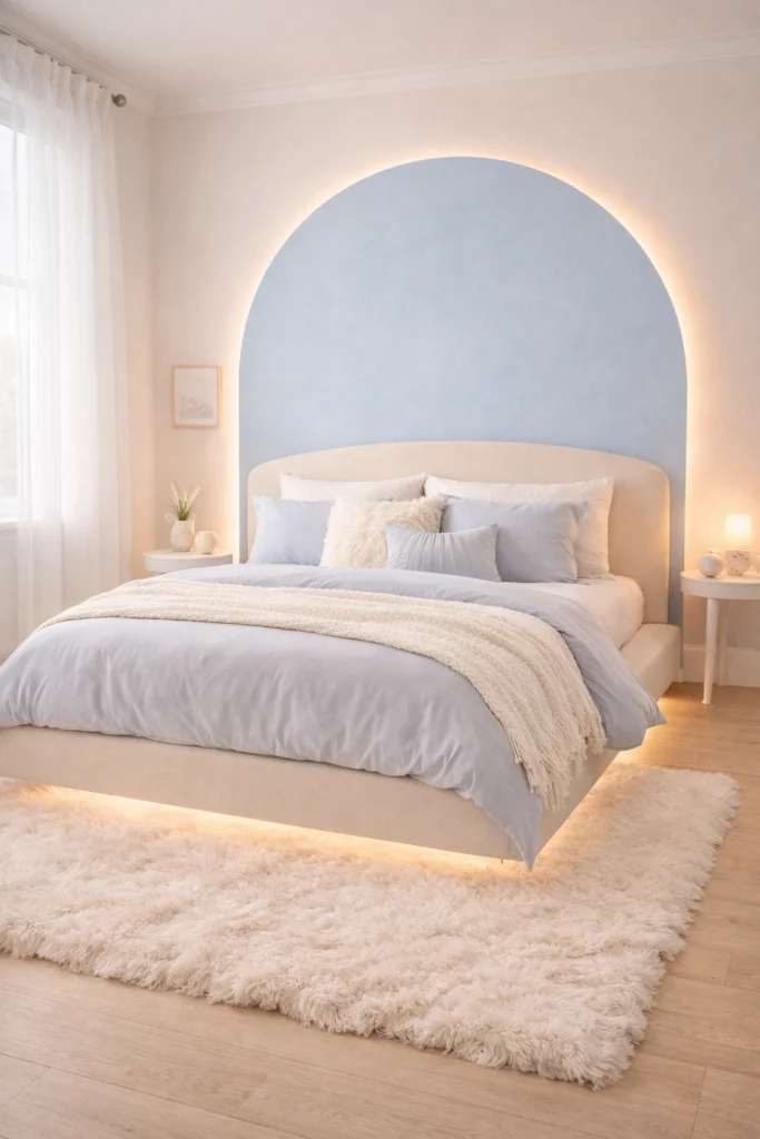 Baby Blue Wall Arch Bedroom with Curved Platform Bed Style