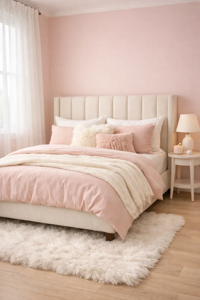 Baby Pink Cozy Bedroom with Upholstered Panel Bed Style