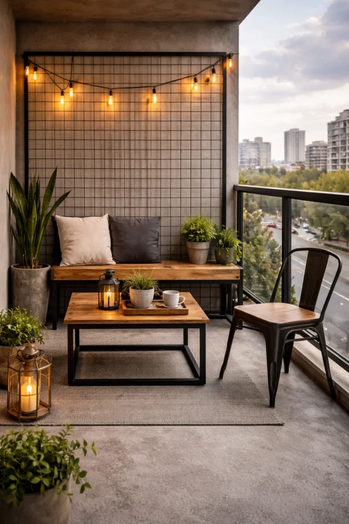 Balcony with Black Metal Grid + Industrial Style