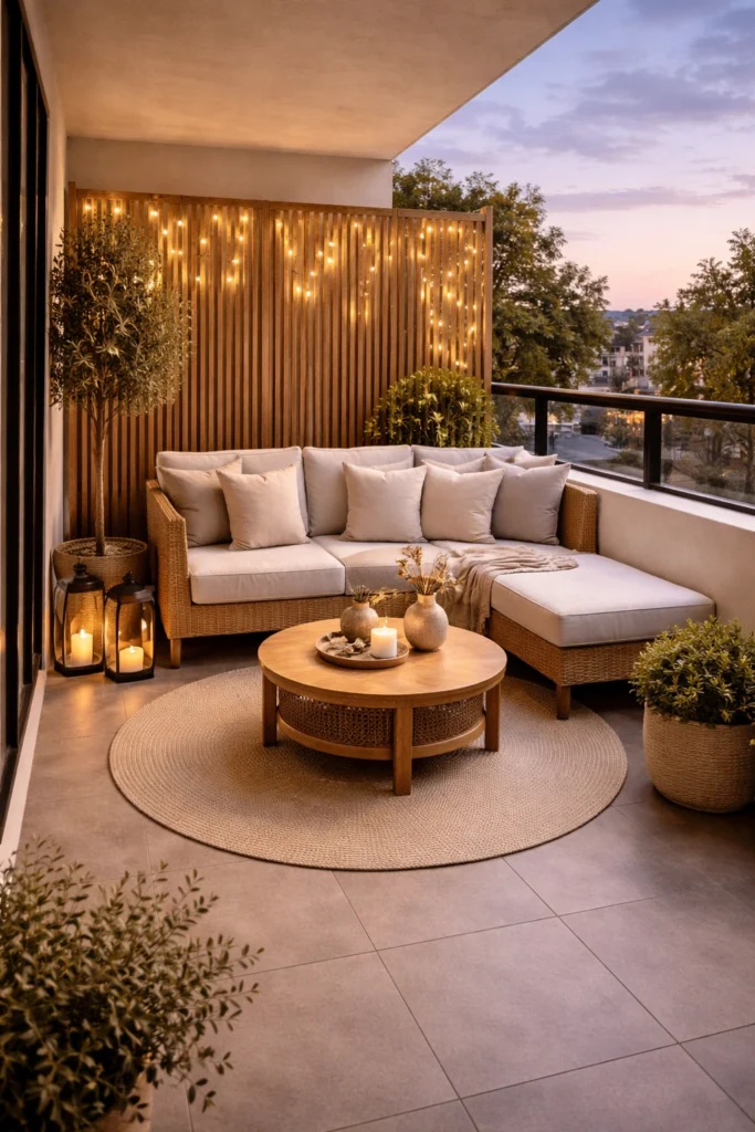 Balcony with Corner Privacy Screen + L Shape Seating Style