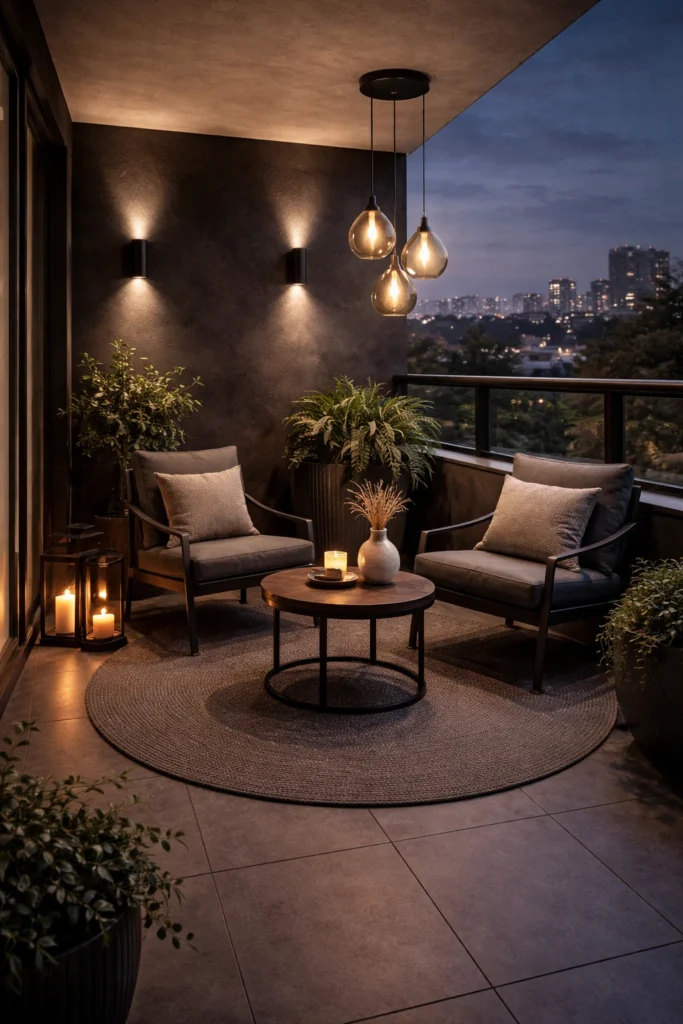 Balcony with Dark Theme + Statement Lighting Style