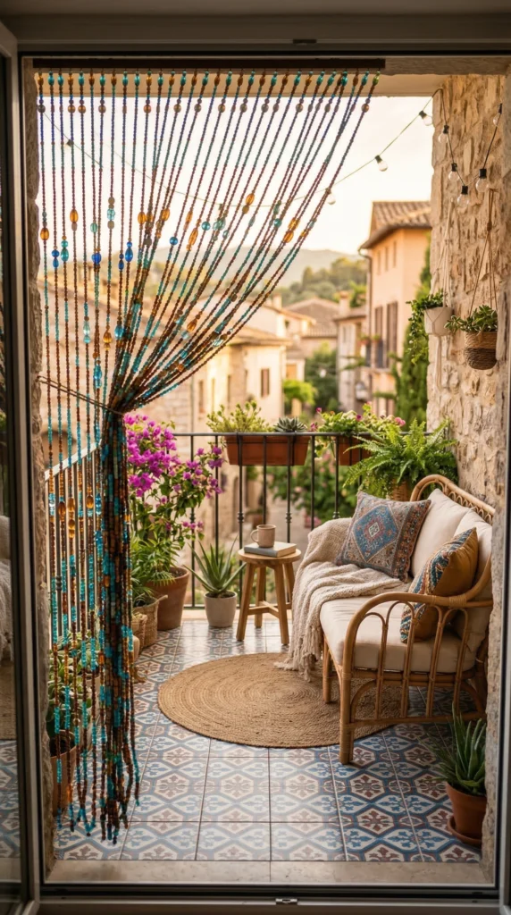Balcony with Hanging Bead Curtains + Stylish Privacy Style