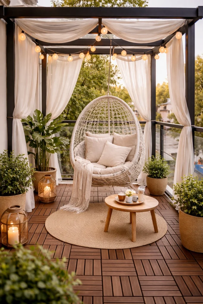 Balcony with Pergola Frame + Light Drapes Style