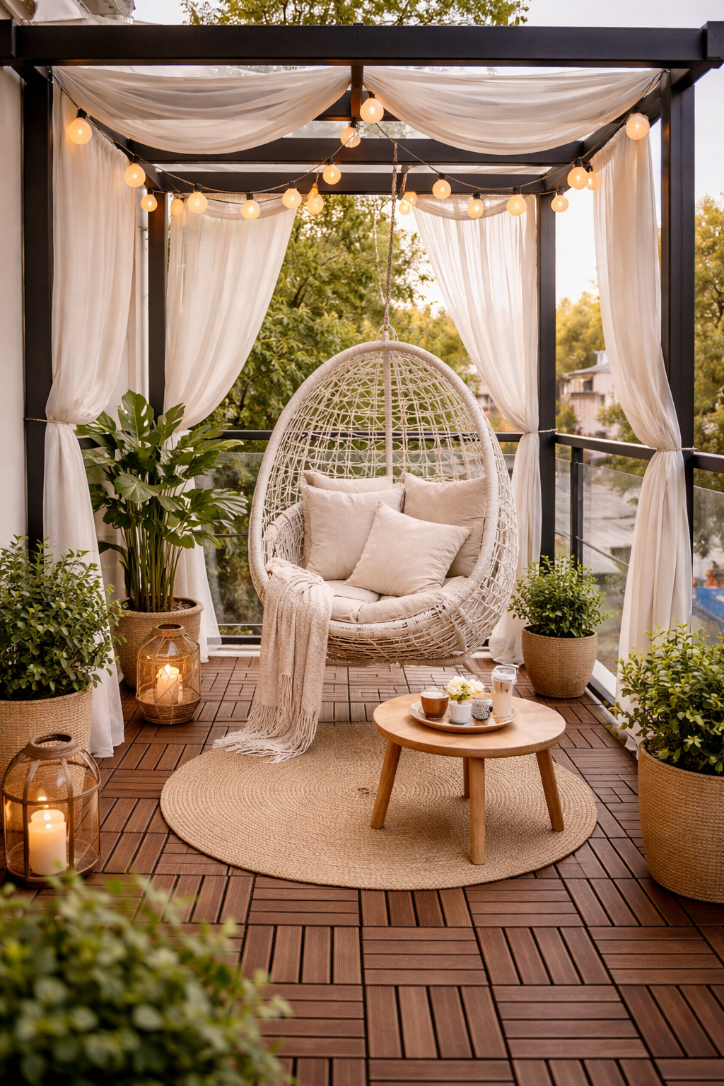 Balcony with Pergola Frame + Light Drapes Style