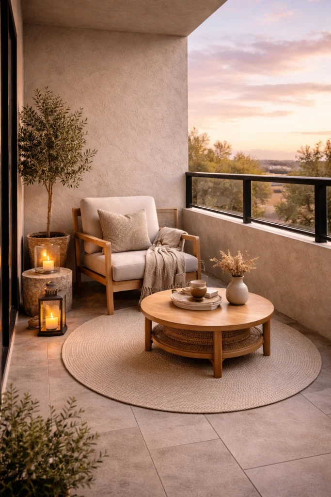 Balcony with Textured Wall + Cozy Setup Style