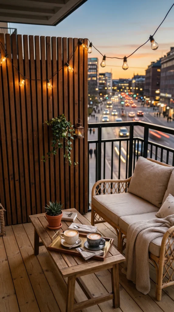Balcony with Wooden Slat Privacy Wall + Warm Cafe Setup Style