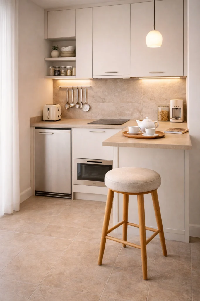 Beige Stone Mini Kitchen with Fabric Cushion Stool Idea