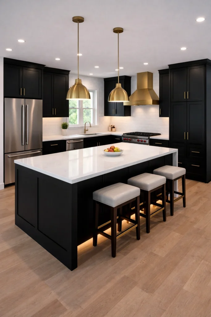 Black Cabinets with Gold Hardware Statement Kitchen Idea