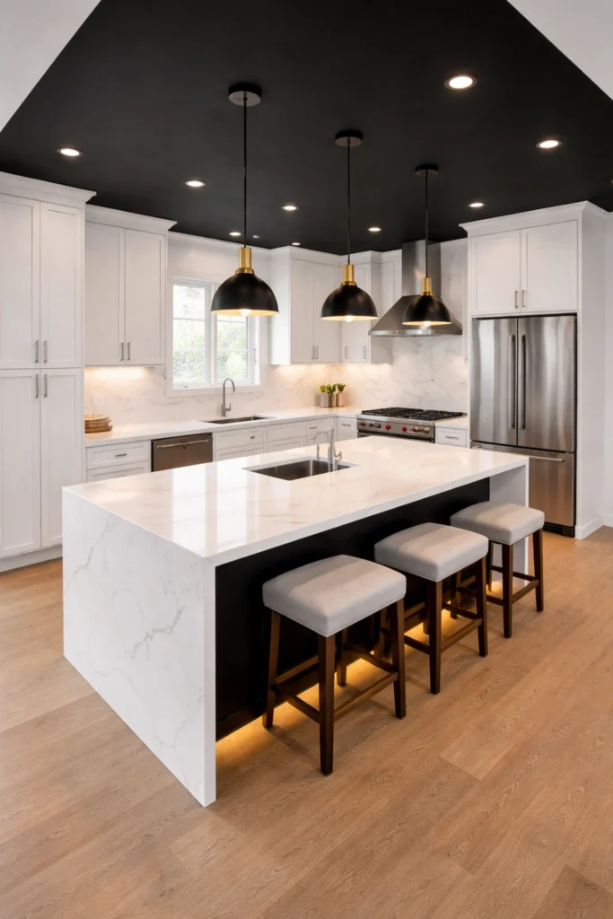 Black Ceiling with White Cabinet Kitchen Idea