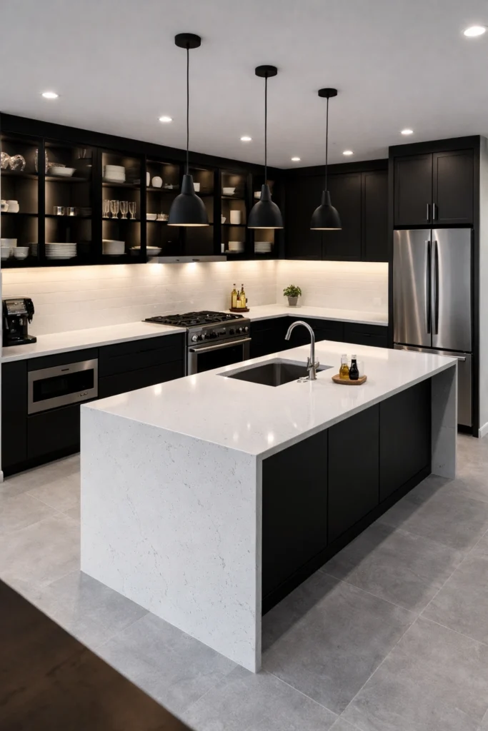 Black Glass Cabinet Kitchen with White Quartz Surfaces Idea