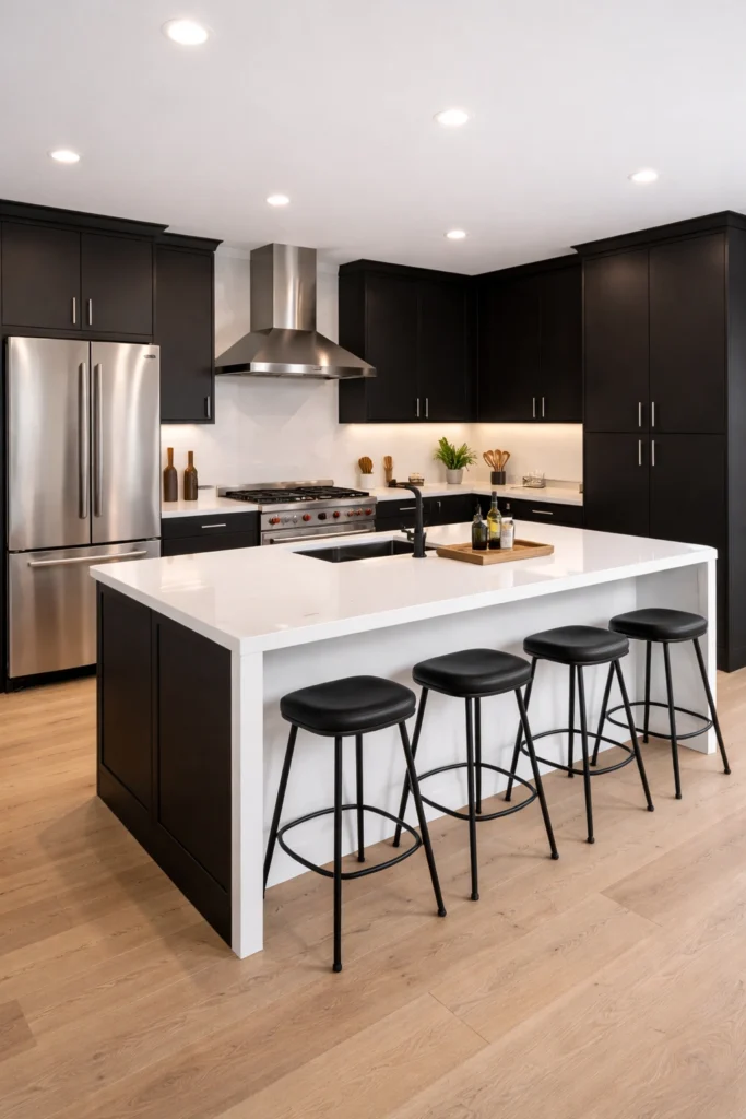 Black Kitchen with White Ceiling Contrast Idea