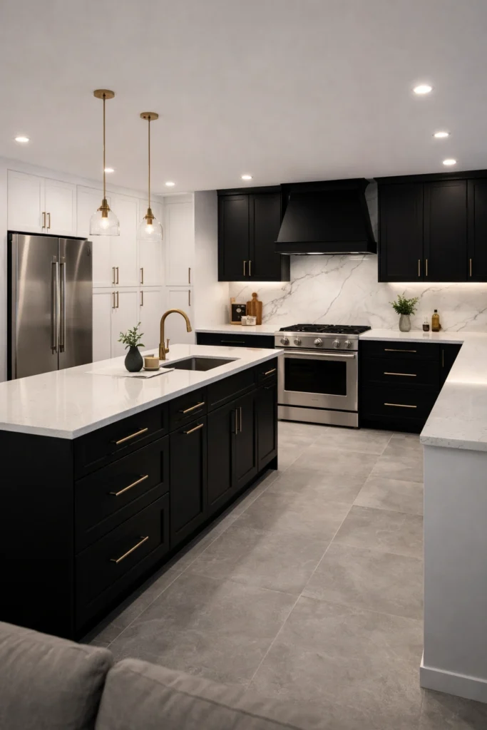 Black Kitchen with White Pantry Wall Idea