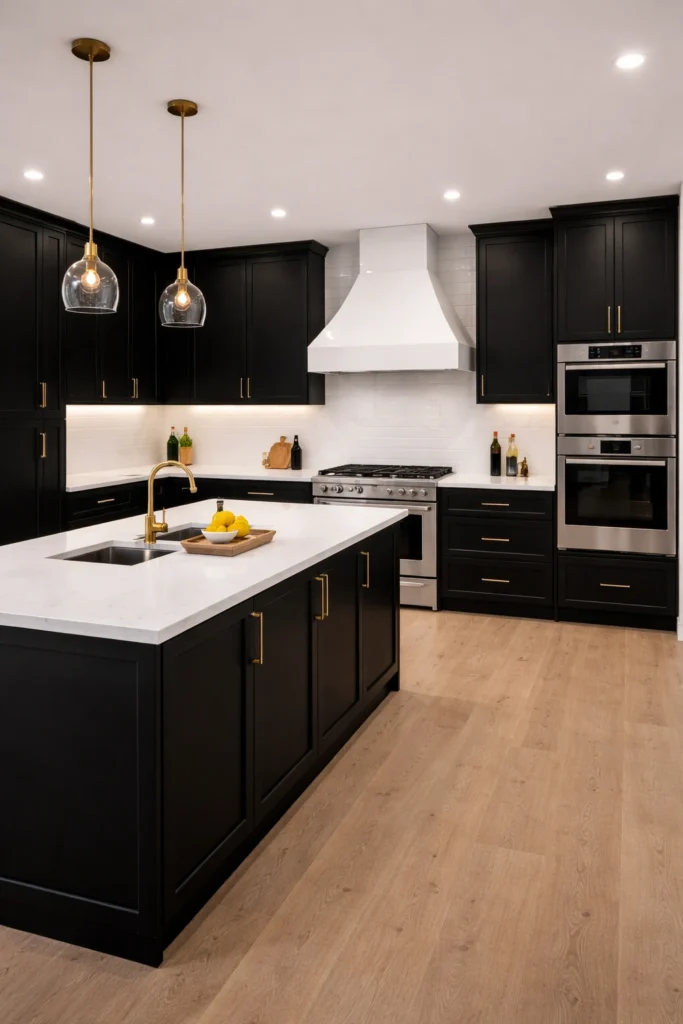 Black Kitchen with White Statement Range Hood Idea
