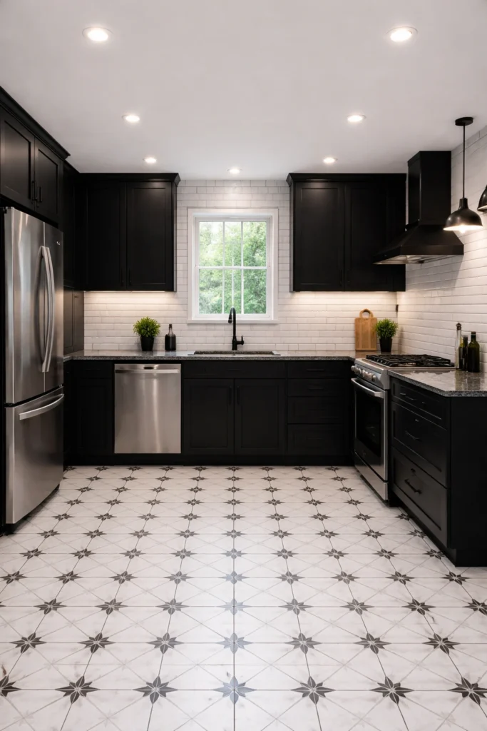 Black Kitchen with White Subway Tile Wall Idea