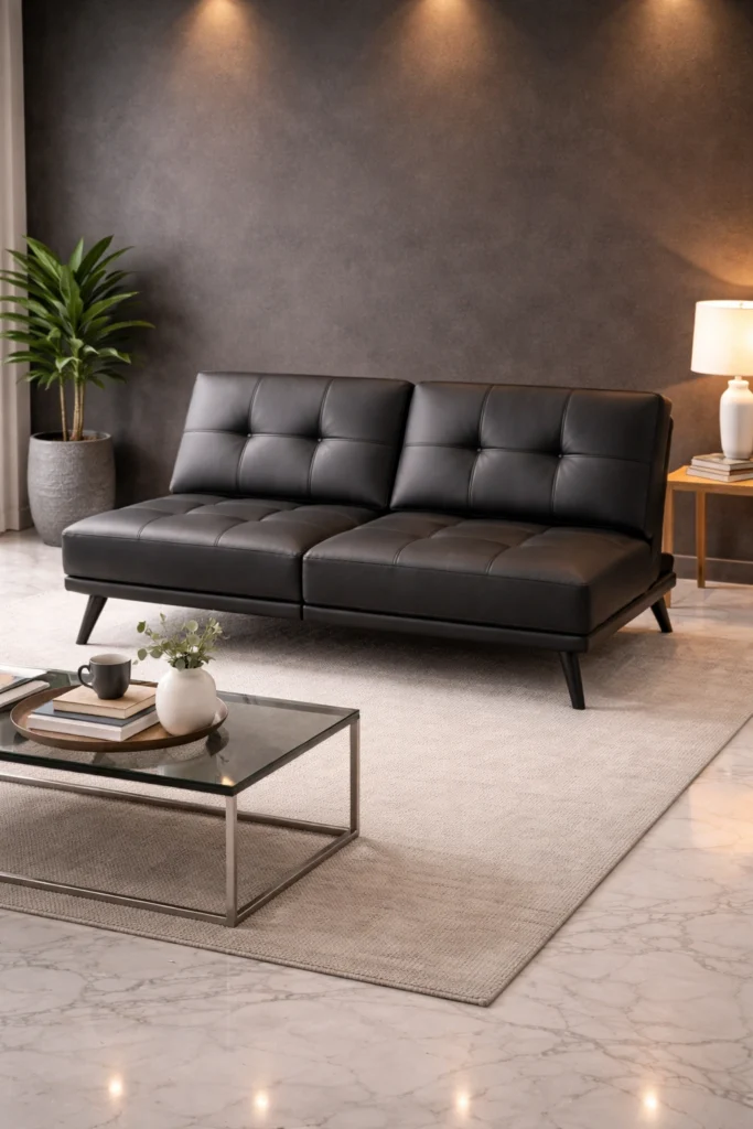 Black Leather Fold-Out Sofa Idea