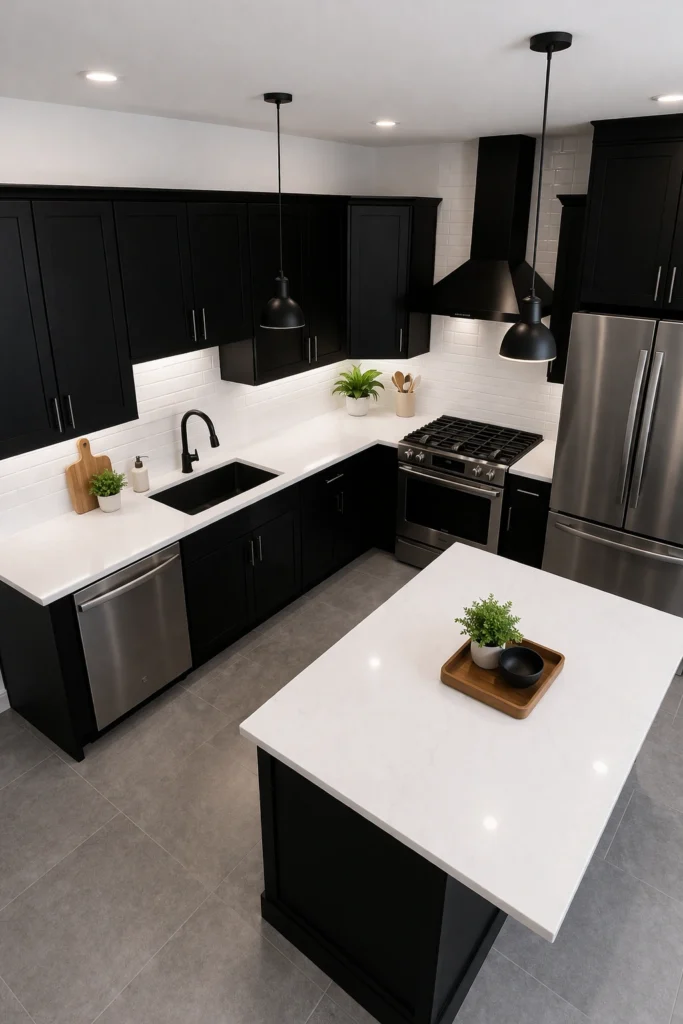 Black & White L-Shaped Kitchen Idea