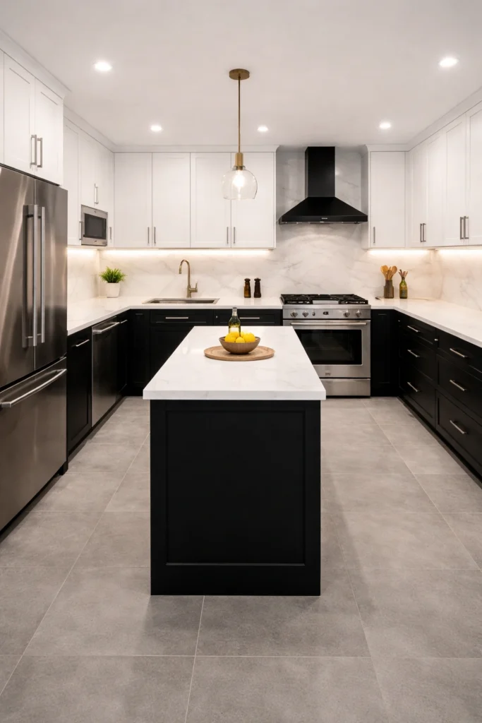 Black & White U-Shaped Kitchen with Central Prep Space Idea