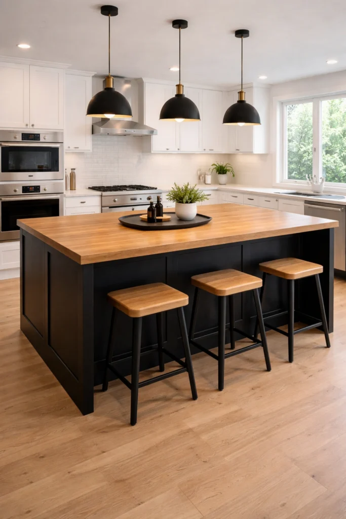 Black and Wood Contrast Kitchen Island Idea