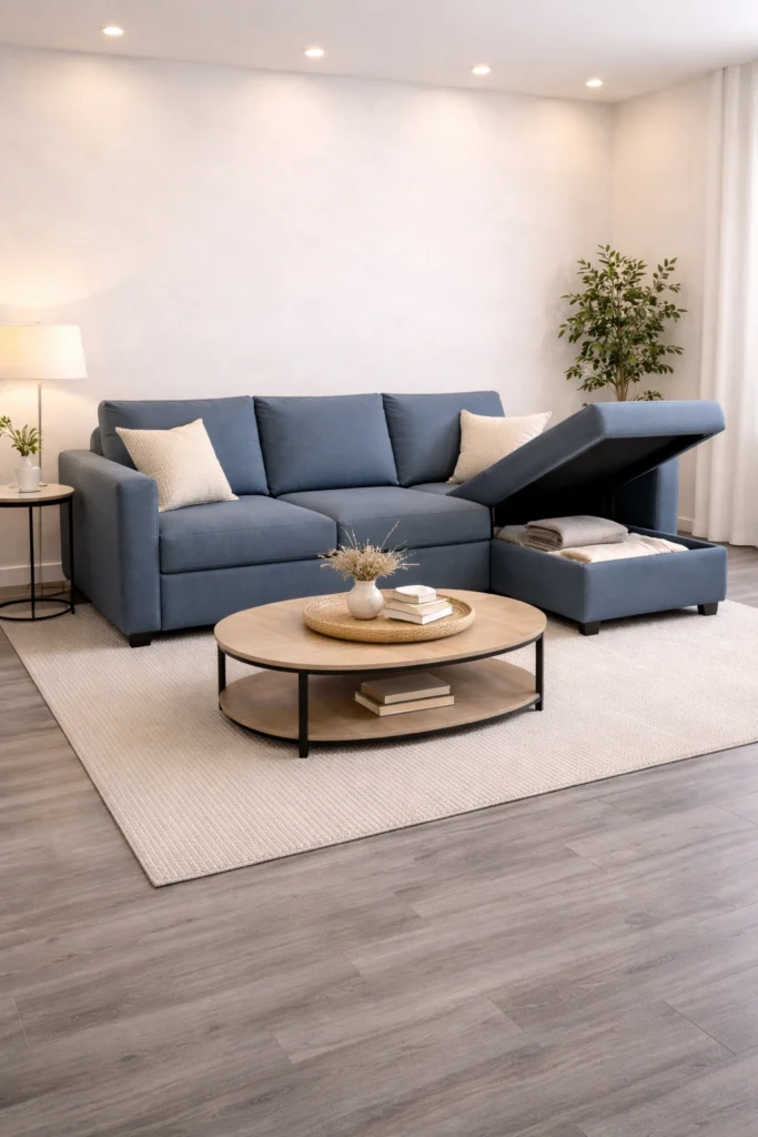 Blue-Grey Storage Sleeper Sofa Idea