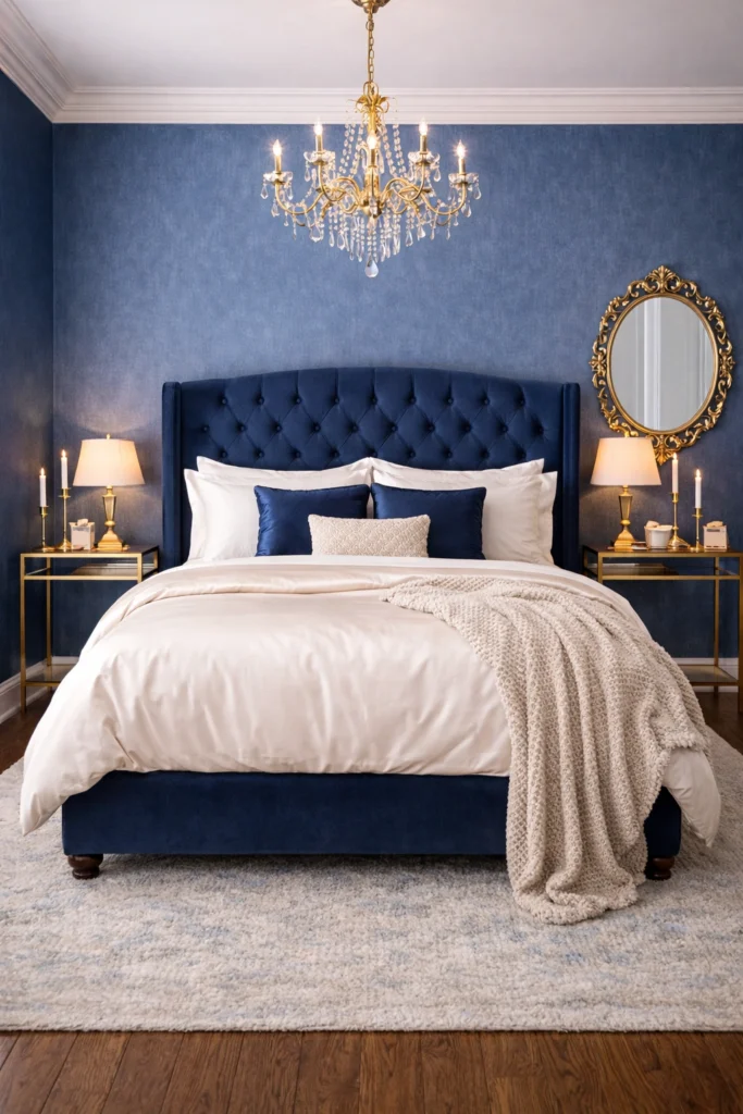Blue and Gold Glam Bedroom Style