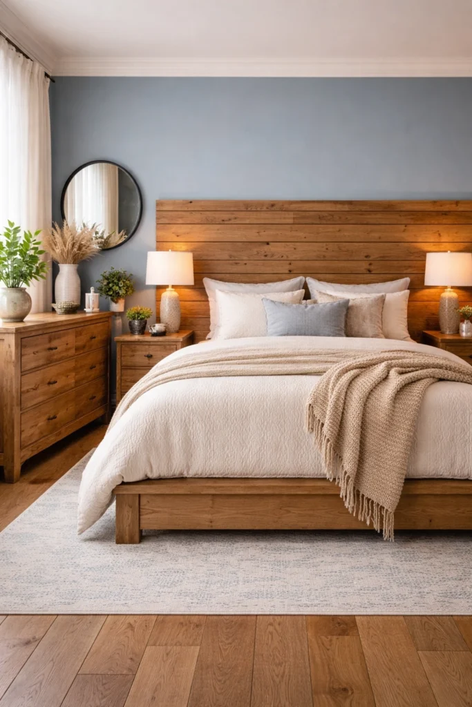 Blue and Wood Warm Bedroom Style