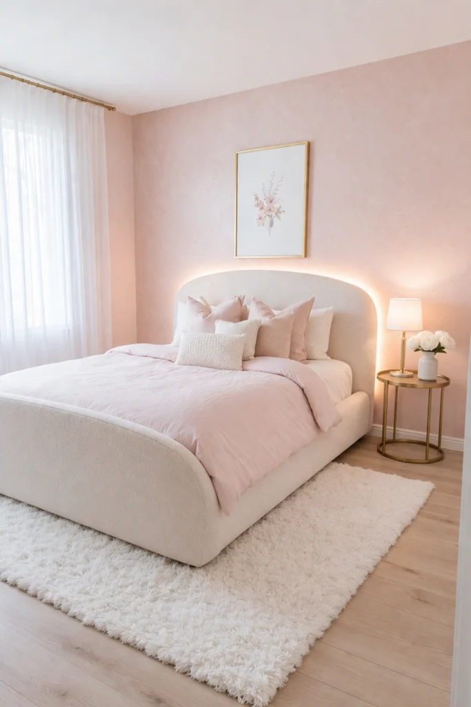 Blush Pink Dream Bedroom with Curved Upholstered Bed Style