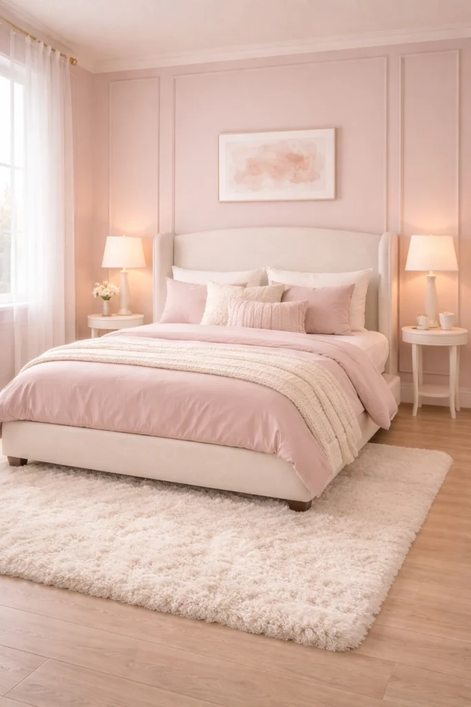 Blush Pink Paneled Bedroom with Upholstered Wing Bed Style