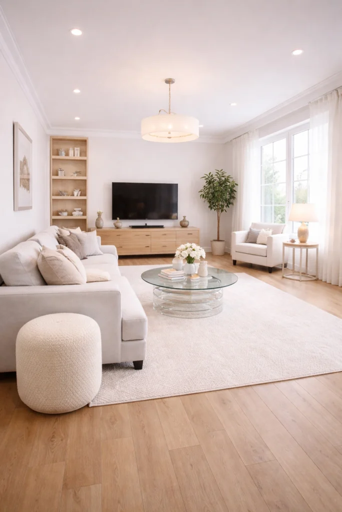 Bright Airy Long Living Room With Soft Layers Idea