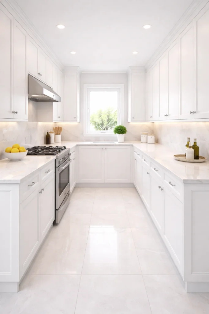Bright All-White Elegant Galley Kitchen Idea