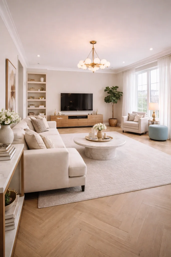 Bright Elegant Long Living Room With Tall Windows Idea