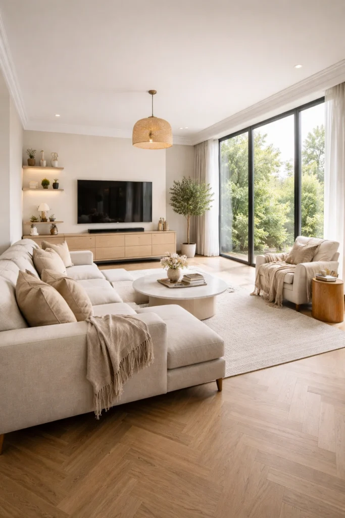 Bright Long Living Room With Glass Windows Idea