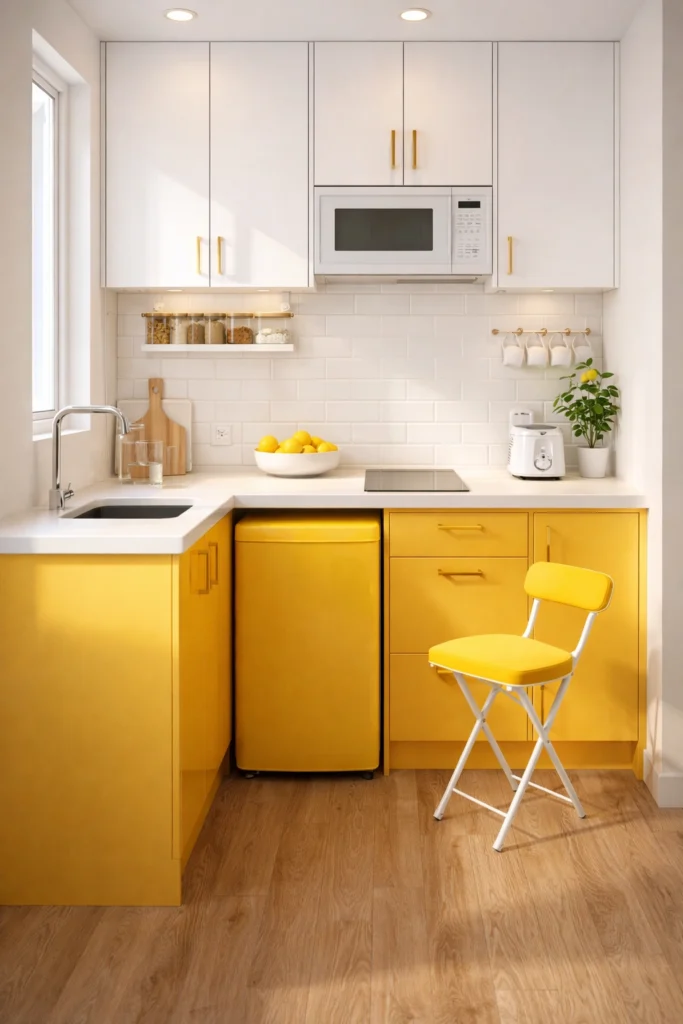 Bright Yellow Mini Kitchen with Compact Folding Stool Idea