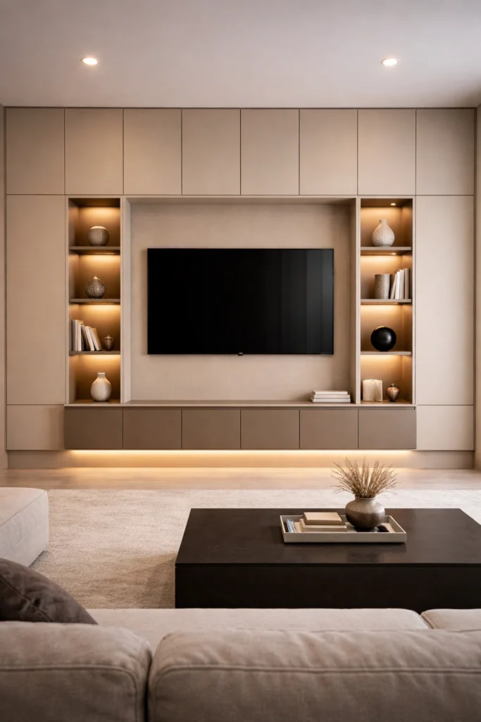 Built-In Storage TV Wall with Closed Cabinets Idea