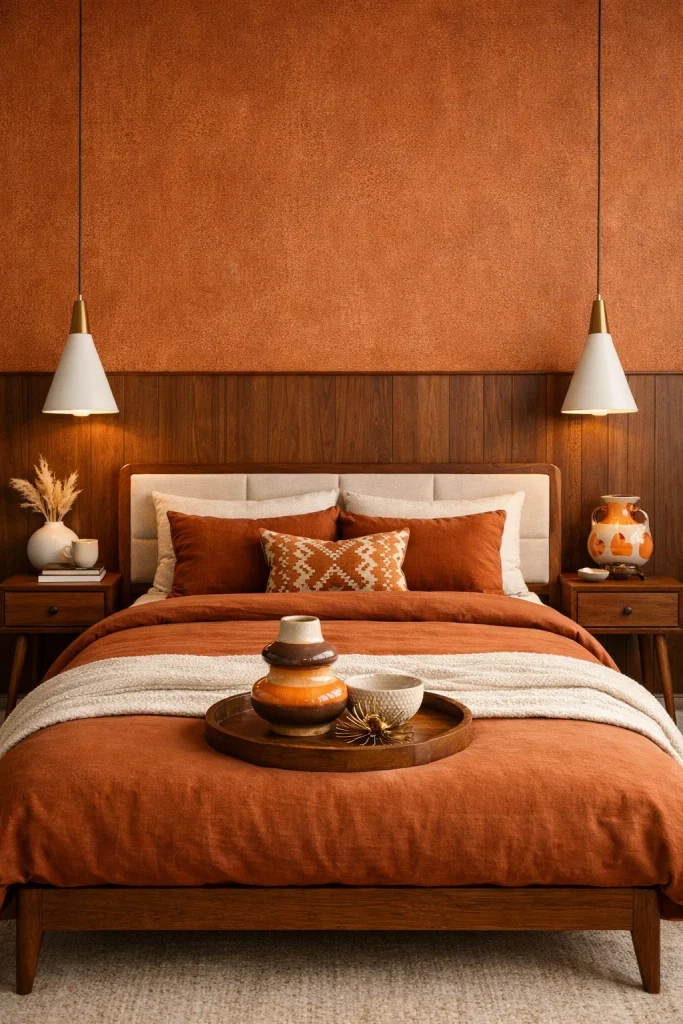Burnt Orange Bedroom with Mid-Century Pendant Lamps Style