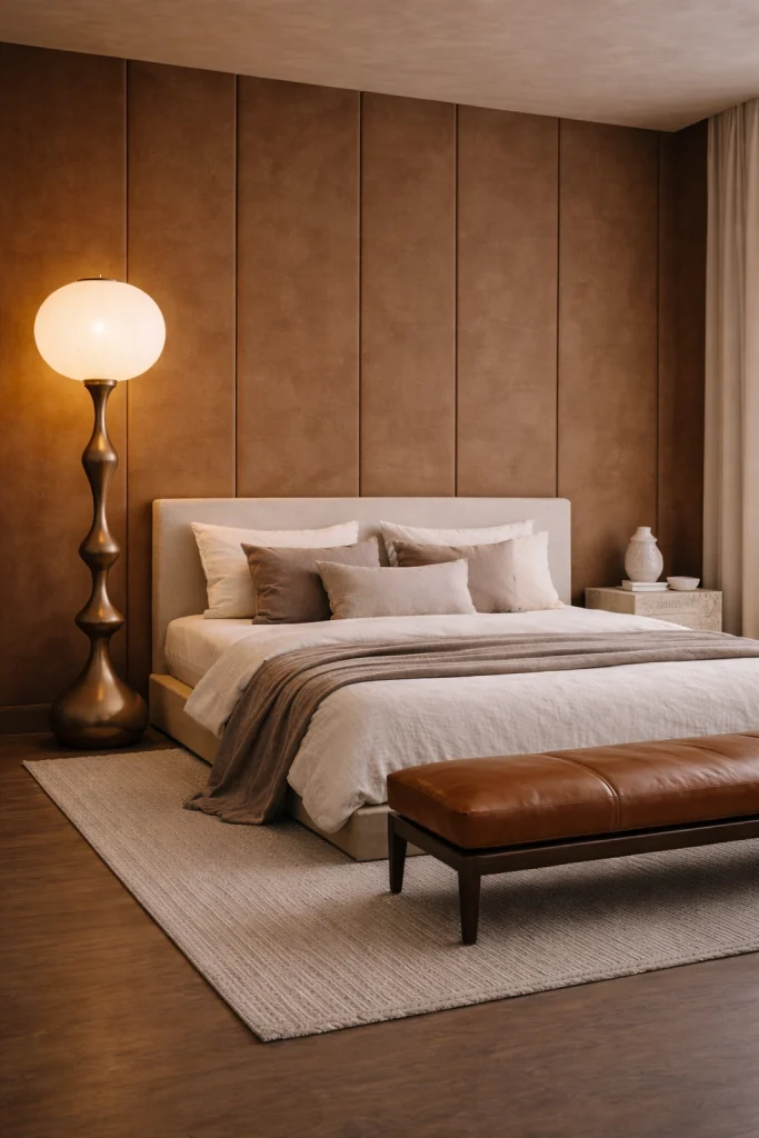 Caramel Brown Bedroom with Sculptural Floor Lamp Style