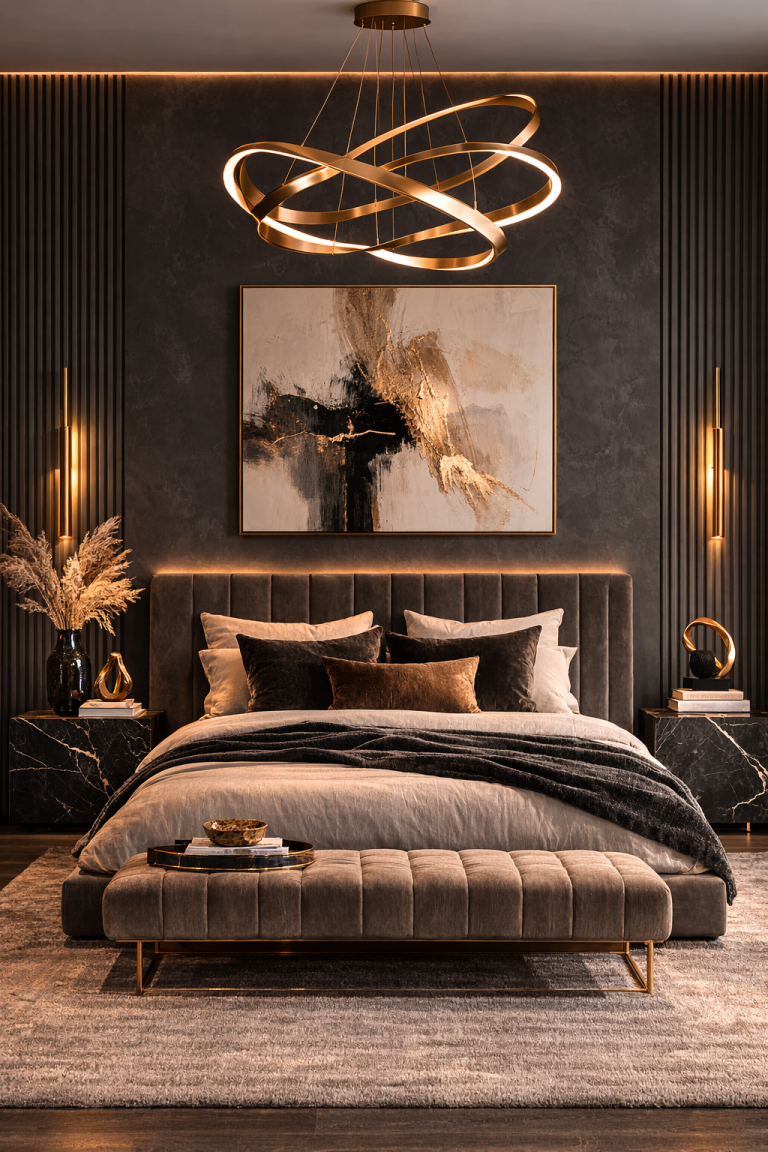 Charcoal Modern Bedroom with Sculptural Chandelier Style