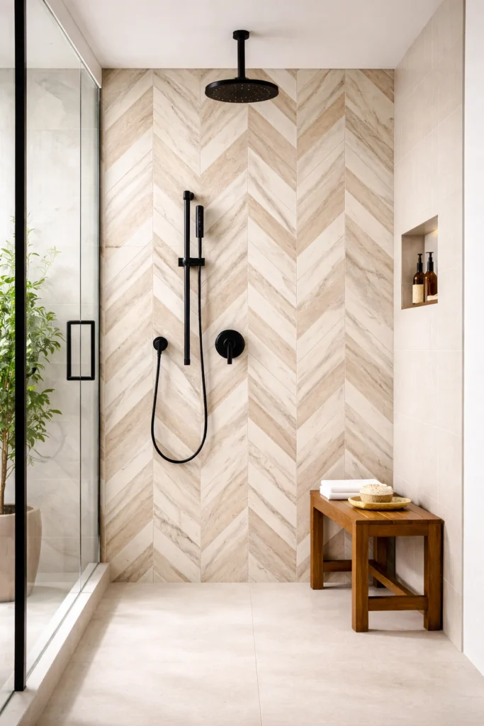Chevron Stone Tile Shower Feature Wall Style