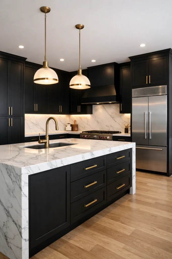 Classic Black Cabinets with White Marble Kitchen Idea