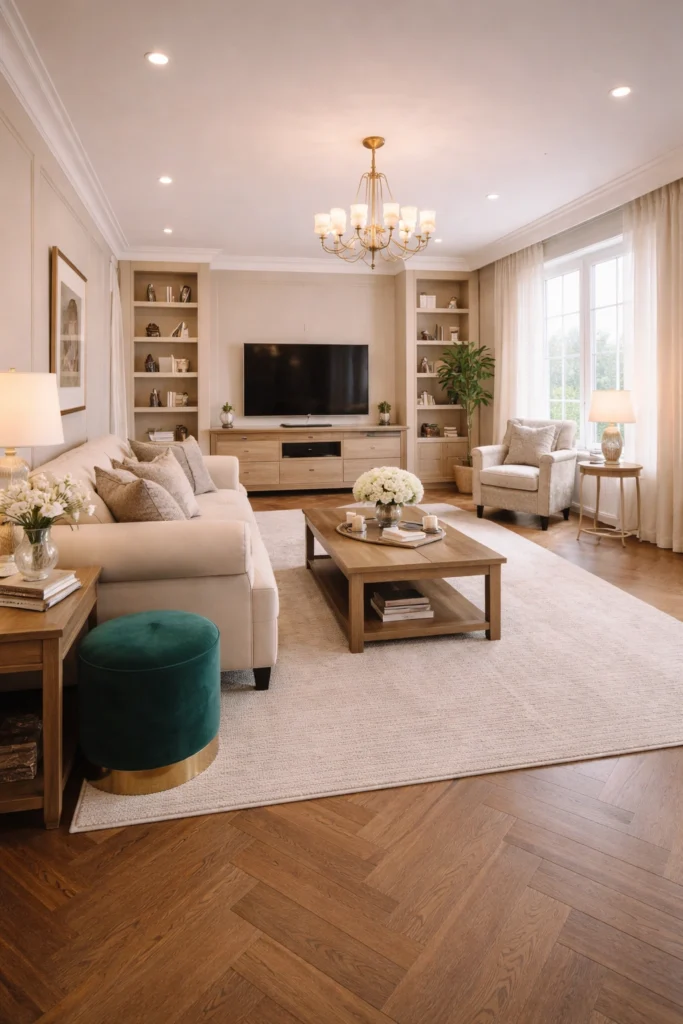 Classic Elegant Long Living Room With Neutral Tones Idea