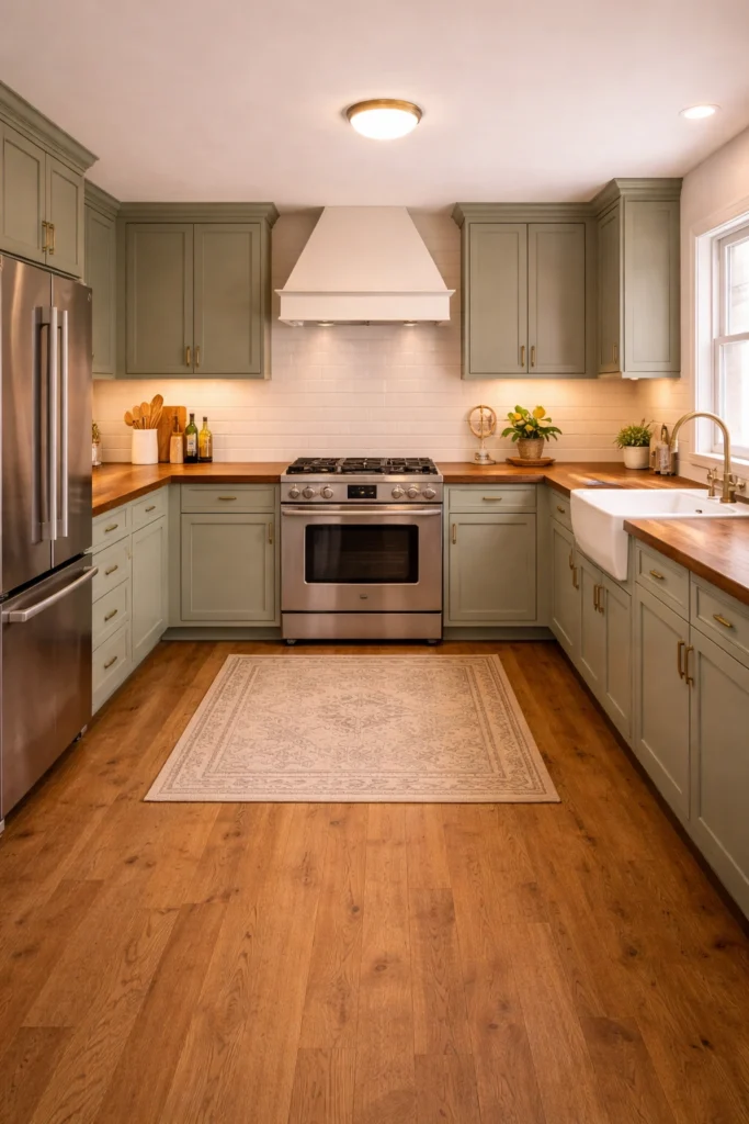 Classic U-Shaped Green Family Kitchen Idea