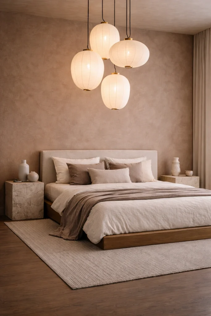 Clay Wall Bedroom with Hanging Lantern Cluster Style