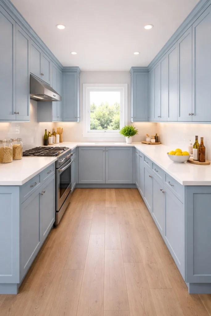 Coastal Blue Galley Kitchen Idea