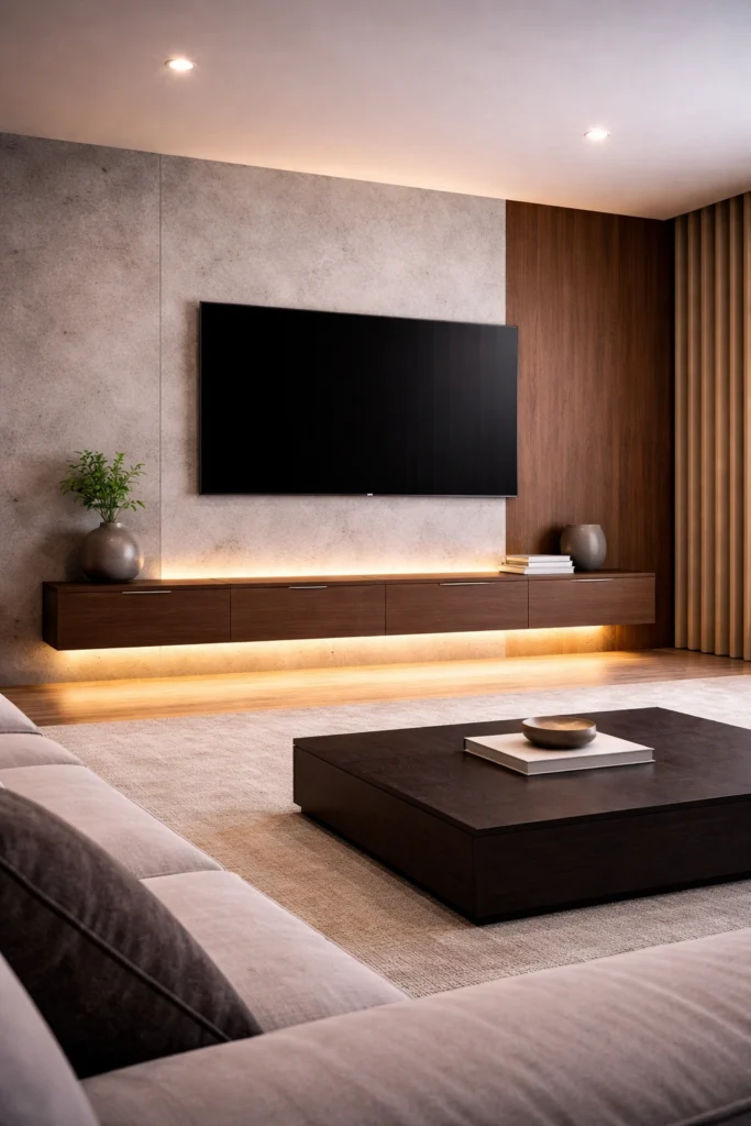 Concrete and Wood Contrast TV Wall Idea
