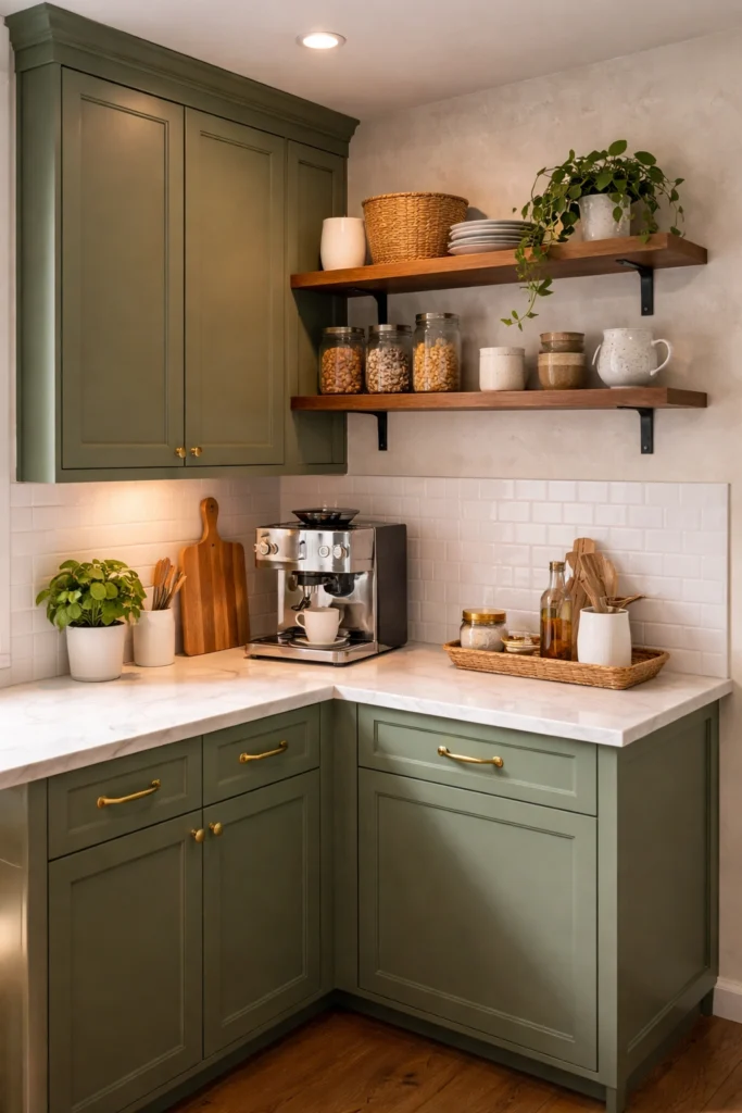 Corner Open Shelf Green Kitchen Idea