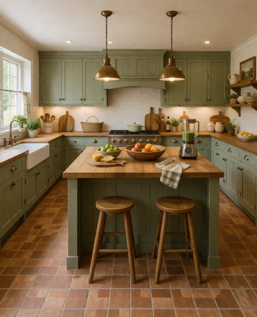 Country Style Green Kitchen with Island Idea