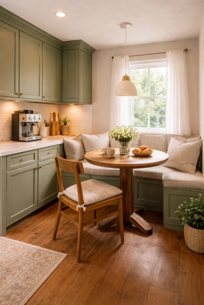 Cozy Green Kitchen with Breakfast Nook Corner Idea