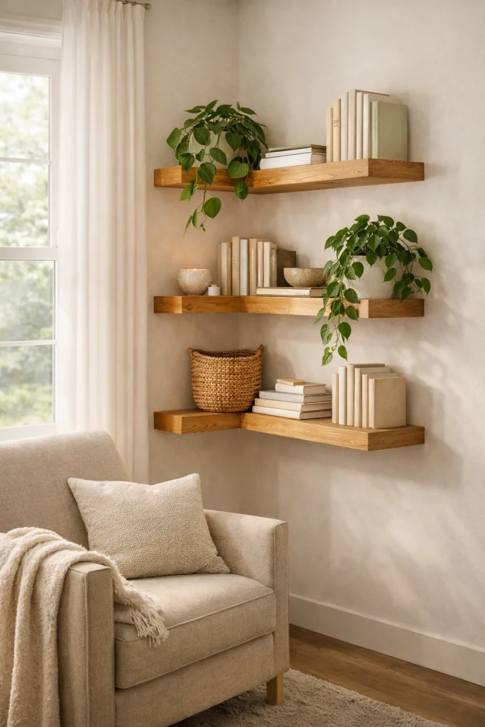 Cozy Reading Nook Corner Shelves Style