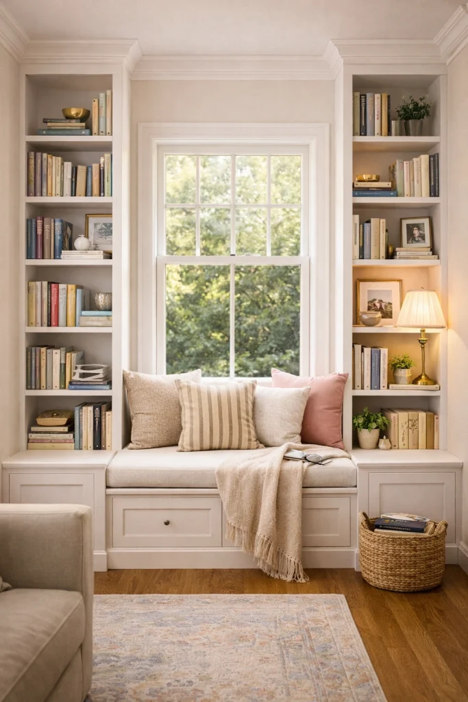 Cozy Window Seat Library Wall Style