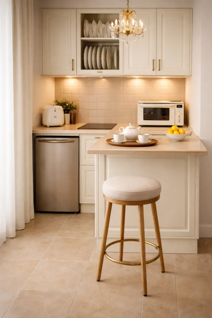 Cream Classic Mini Kitchen with Round Stool Idea