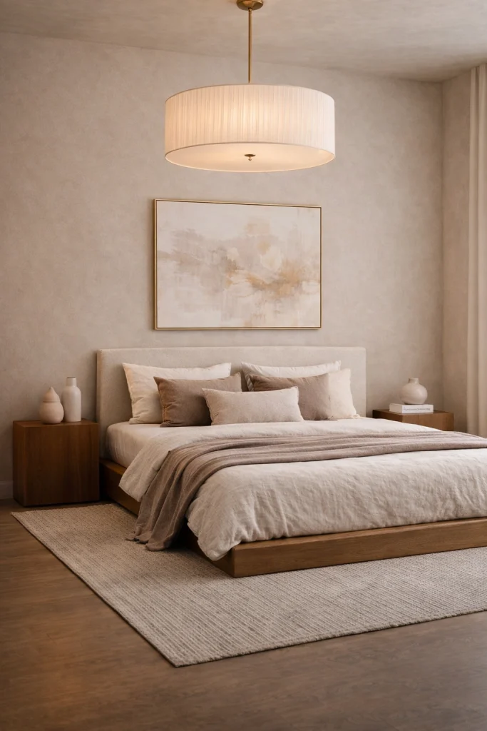 Cream Minimal Bedroom with Silk Drum Chandelier Style